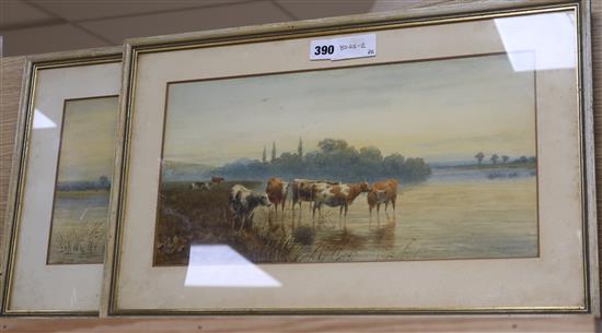 Harold Lawes, pair of watercolours, cattle watering, signed and dated 1892, 21 x 41cm